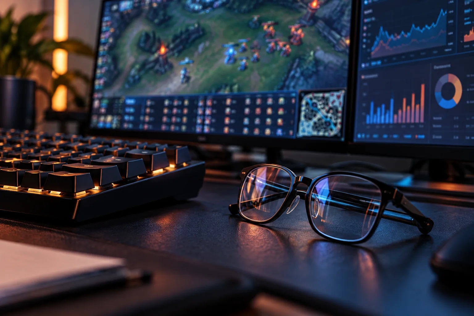 Teclado e óculos numa mesa de dados